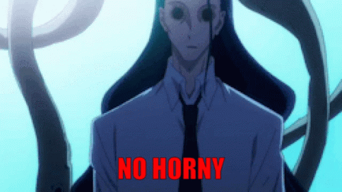 A Man In A Suit And Tie Is Standing In Front Of A Blue Background With The Words `` No Horny '' Above Him . GIF