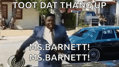 A Man In A Suit And Tie Is Standing In Front Of A Blue Car With The Words Toot Dat Thang Up Ms Barnett GIF