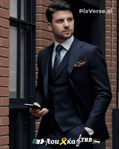 A Man In A Suit And Tie Is Standing In Front Of A Brick Building With Pixverse.ai Written On The Bottom GIF