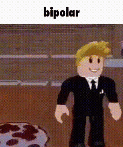 A Man In A Suit And Tie Is Standing In Front Of A Cake And The Word Bipolar Is On The Bottom GIF
