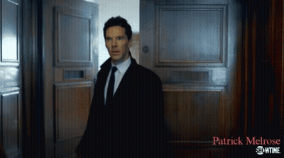 A Man In A Suit And Tie Is Standing In Front Of A Door That Says Patrick Melrose Showtime On It GIF