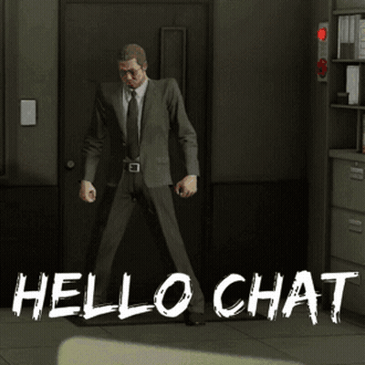 A Man In A Suit And Tie Is Standing In Front Of A Door With The Words Hello Chat Above Him GIF