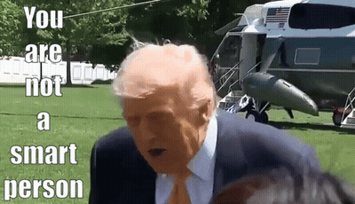 A Man In A Suit And Tie Is Standing In Front Of A Helicopter With The Words `` You Are Not A Smart Person '' . GIF