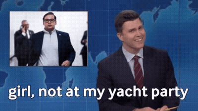 A Man In A Suit And Tie Is Standing In Front Of A Map And Says " Girl , Not At My Yacht Party " GIF