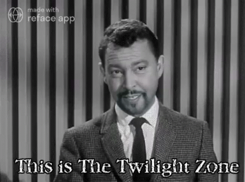 A Man In A Suit And Tie Is Standing In Front Of A Striped Curtain And Says `` This Is The Twilight Zone '' . GIF