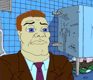 A Man In A Suit And Tie Is Standing In Front Of A Urinal With Graffiti On It That Says " The New York Times " GIF