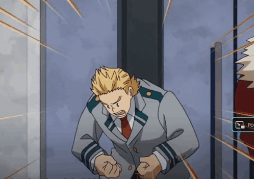 A Man In A Suit And Tie Is Standing In Front Of A Wall With A Po Button GIF