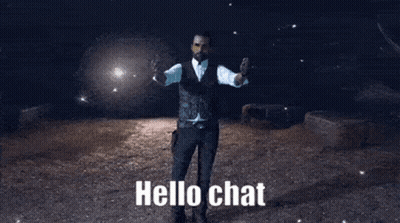 A Man In A Suit And Tie Is Standing In The Dark With His Arms Outstretched And Says Hello Chat GIF