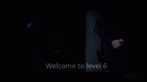 A Man In A Suit And Tie Is Standing In The Dark With The Words Welcome To Level 6 Below Him GIF