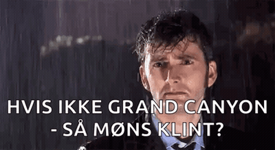 A Man In A Suit And Tie Is Standing In The Rain With The Words Hvis Ikke Grand Canyon Sa Mons Klint GIF