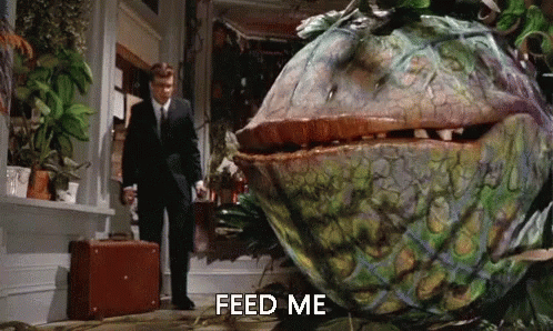 A Man In A Suit And Tie Is Standing Next To A Giant Plant That Says Feed Me GIF