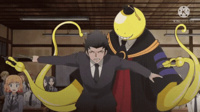 A Man In A Suit And Tie Is Standing Next To A Yellow Octopus In A Classroom GIF