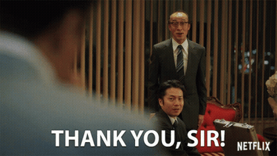 A Man In A Suit And Tie Is Standing Next To Another Man Who Says " Thank You Sir " GIF