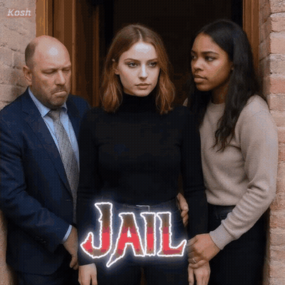 A Man In A Suit And Tie Is Standing Next To Two Women And The Word Jail Is On The Front Of The Poster GIF