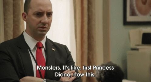A Man In A Suit And Tie Is Talking About Monsters It 'S Like First Princess Diana Now This GIF