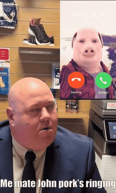 A Man In A Suit And Tie Is Talking On A Cell Phone With A Picture Of A Pig Behind Him GIF