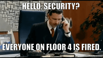 A Man In A Suit And Tie Is Talking On A Phone With The Caption Hello Security Everyone On Floor 4 Is Fired . GIF