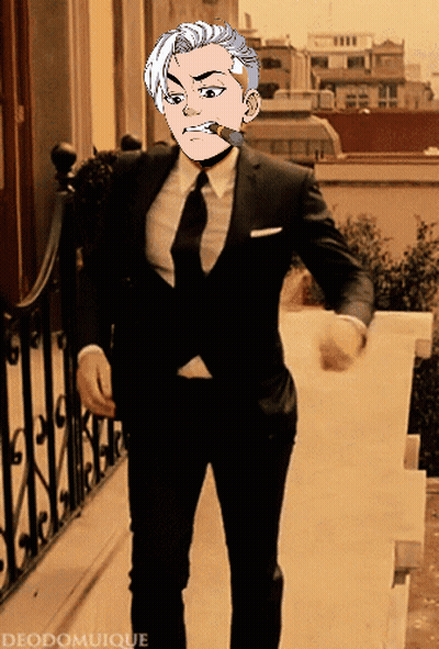 A Man In A Suit And Tie Is Walking Down A Set Of Stairs While Smoking A Cigar GIF