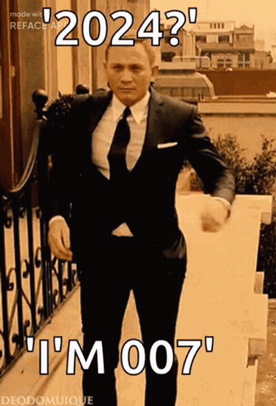 A Man In A Suit And Tie Is Walking Down A Set Of Stairs With The Caption " 2024 " GIF