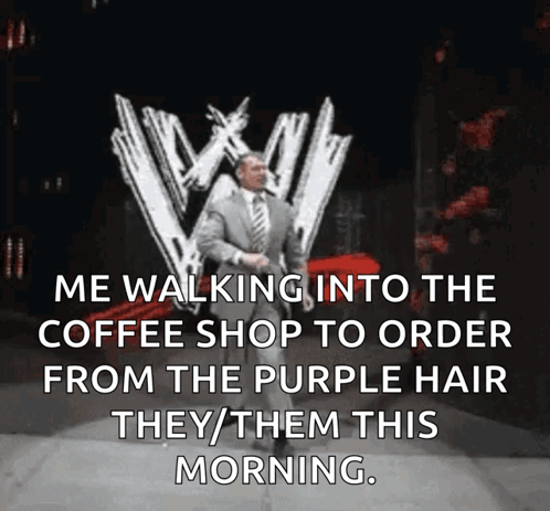 A Man In A Suit And Tie Is Walking Into A Coffee Shop GIF