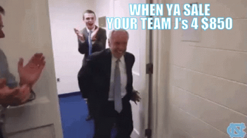 A Man In A Suit And Tie Is Walking Through A Door With The Words When Ya Sale Your Team J 'S 4 $ 850 GIF