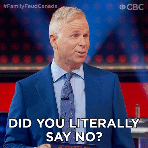 A Man In A Suit And Tie Says " Did You Literally Say No " On A Stage GIF