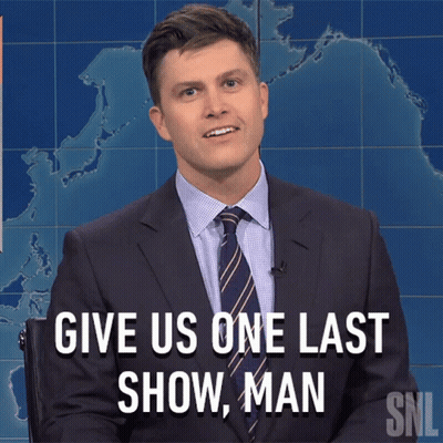 A Man In A Suit And Tie Says " Give Us One Last Show " GIF