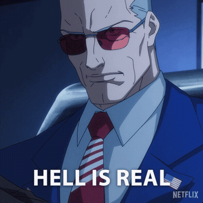 A Man In A Suit And Tie Says Hell Is Real On A Netflix Ad GIF