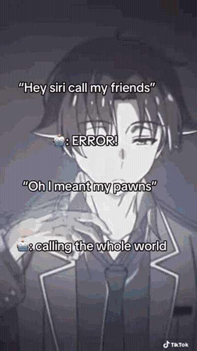 a man in a suit and tie says hey siri call my friends error oh i mean my pawns and calling the whole world