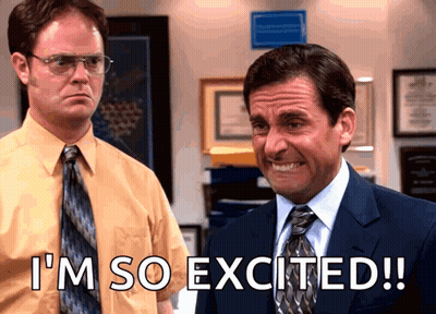 A Man In A Suit And Tie Says " I 'M So Excited !! " GIF