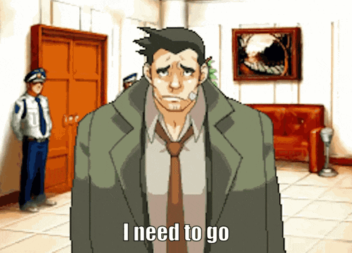 A Man In A Suit And Tie Says " I Need To Go " In A Video Game GIF