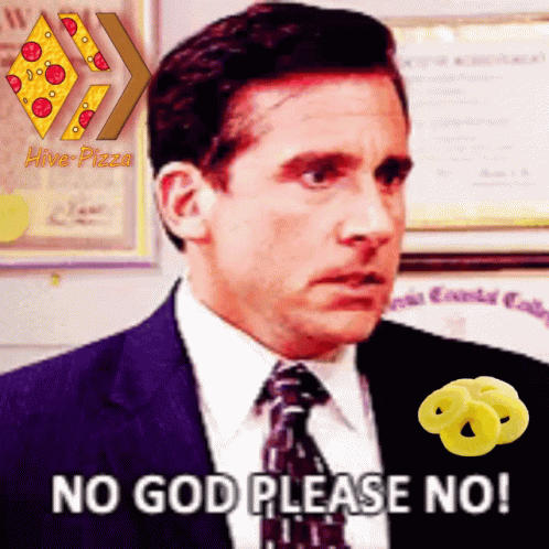 A Man In A Suit And Tie Says No God Please No In Front Of A Hive Pizza Logo GIF