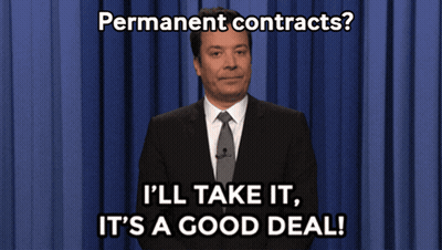 A Man In A Suit And Tie Says " Permanent Contracts ? I 'Ll Take It It 'S A Good Deal " GIF