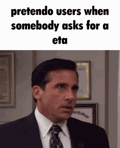 A Man In A Suit And Tie Says Pretendo Users When Somebody Asks For An Eta GIF