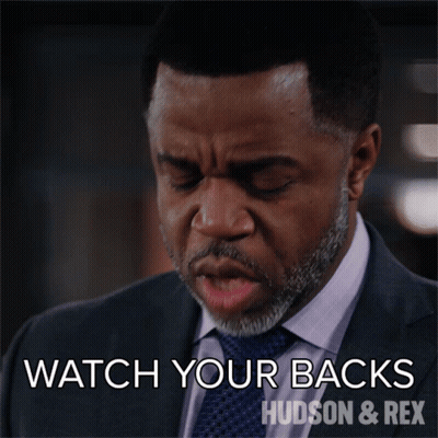 A Man In A Suit And Tie Says " Watch Your Backs Hudson & Rex " GIF