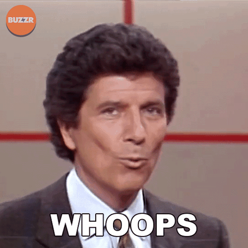 A Man In A Suit And Tie Says " Whoops " In Front Of A Buzzr Logo GIF