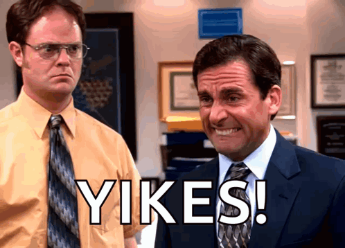A Man In A Suit And Tie Says " Yikes " Next To Another Man In A Yellow Shirt GIF