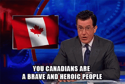 A Man In A Suit And Tie Says " You Canadians Are Brave And Heroic People " GIF