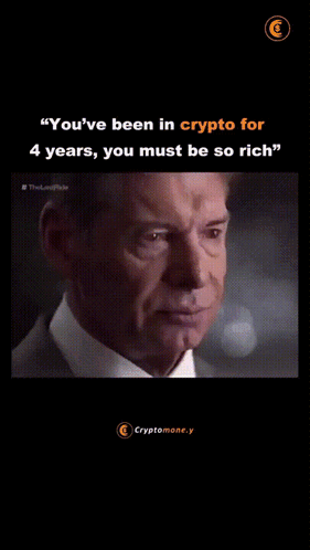 A Man In A Suit And Tie Says " You 'Ve Been In Crypto For 4 Years , You Must Be So Rich . " GIF
