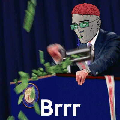A Man In A Suit And Tie Stands At A Podium With Money Falling Around Him And The Word Brrr On The Bottom Right GIF