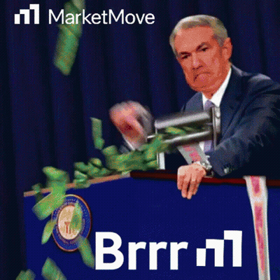 A Man In A Suit And Tie Stands At A Podium With Money Falling Around Him And The Words Marketmove On The Bottom Right GIF