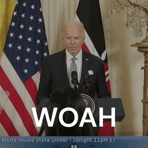 A Man In A Suit And Tie Stands At A Podium With The Word Woah On The Screen GIF