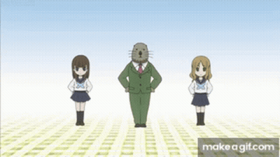 A Man In A Suit And Tie Stands Between Two Girls In School Uniforms . GIF
