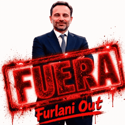 A Man In A Suit And Tie Stands In Front Of A Red Stamp That Says Fuera GIF