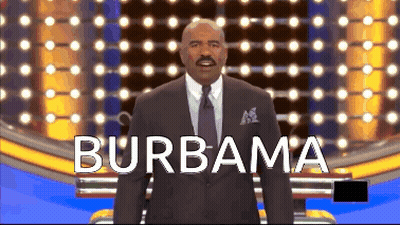 A Man In A Suit And Tie Stands In Front Of A Screen That Says " Burbama " GIF