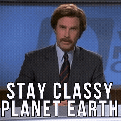 a man in a suit and tie stands in front of a sign that says " stay classy planet earth "