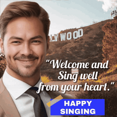 A Man In A Suit And Tie Stands In Front Of A Sign That Says " Welcome And Sing Well From Your Heart " GIF