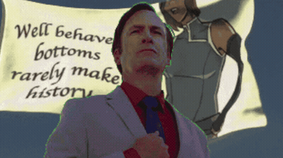 A Man In A Suit And Tie Stands In Front Of A Sign That Says " Well Behaved Bottoms Rarely Make History " GIF