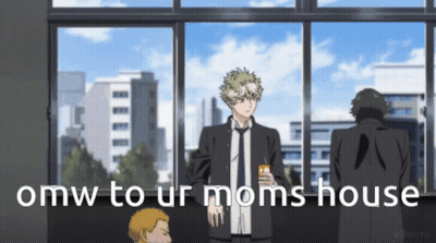 A Man In A Suit And Tie Stands In Front Of A Window With The Words Omw To Ur Moms House Written Below Him GIF
