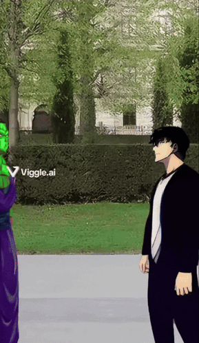 A Man In A Suit And Tie Stands Next To A Statue Of Piccolo GIF